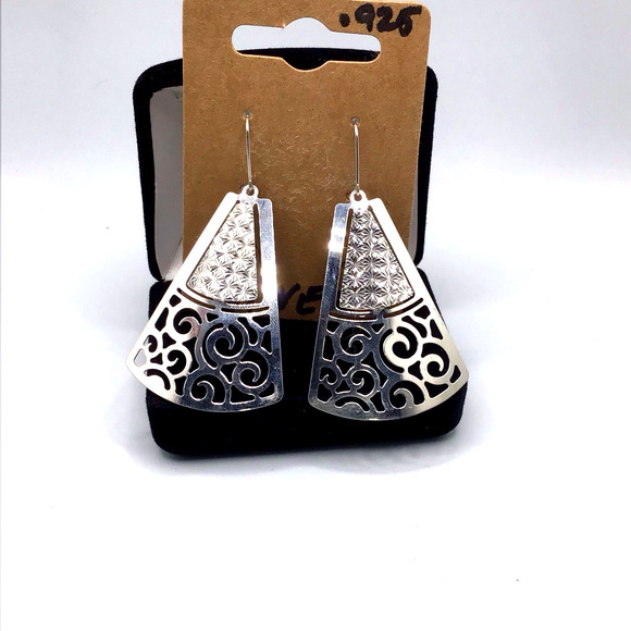 925 Sterling Silver Triangle Filigree Dangle Hook Earrings Women’s - Picture 3 of 12